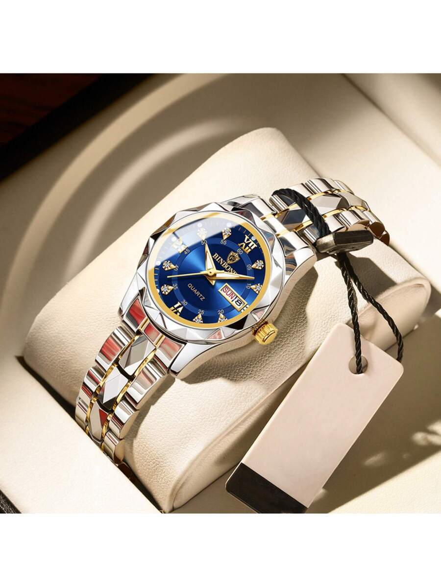 腕時計 レディース クォーツ レディース腕時計 1個、3ガラス、高級ゴールドケース、エレガントなブルーダイヤル、バタフライクラスプ_画像1