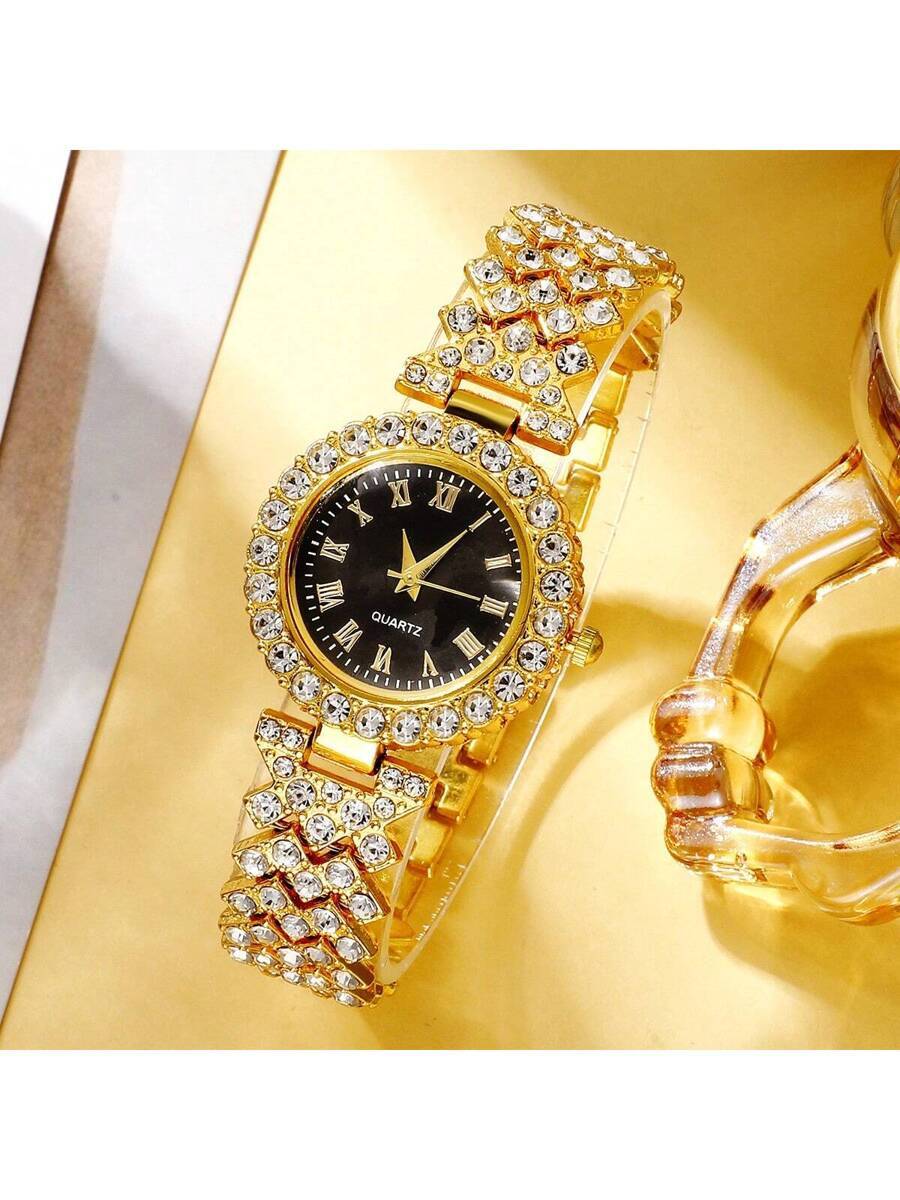 腕時計 レディース セット 女性用ゴールドジンク合金バンドの優れた丸型ダイヤルクォーツ時計6個セット、パーティー装飾に適しています_画像1