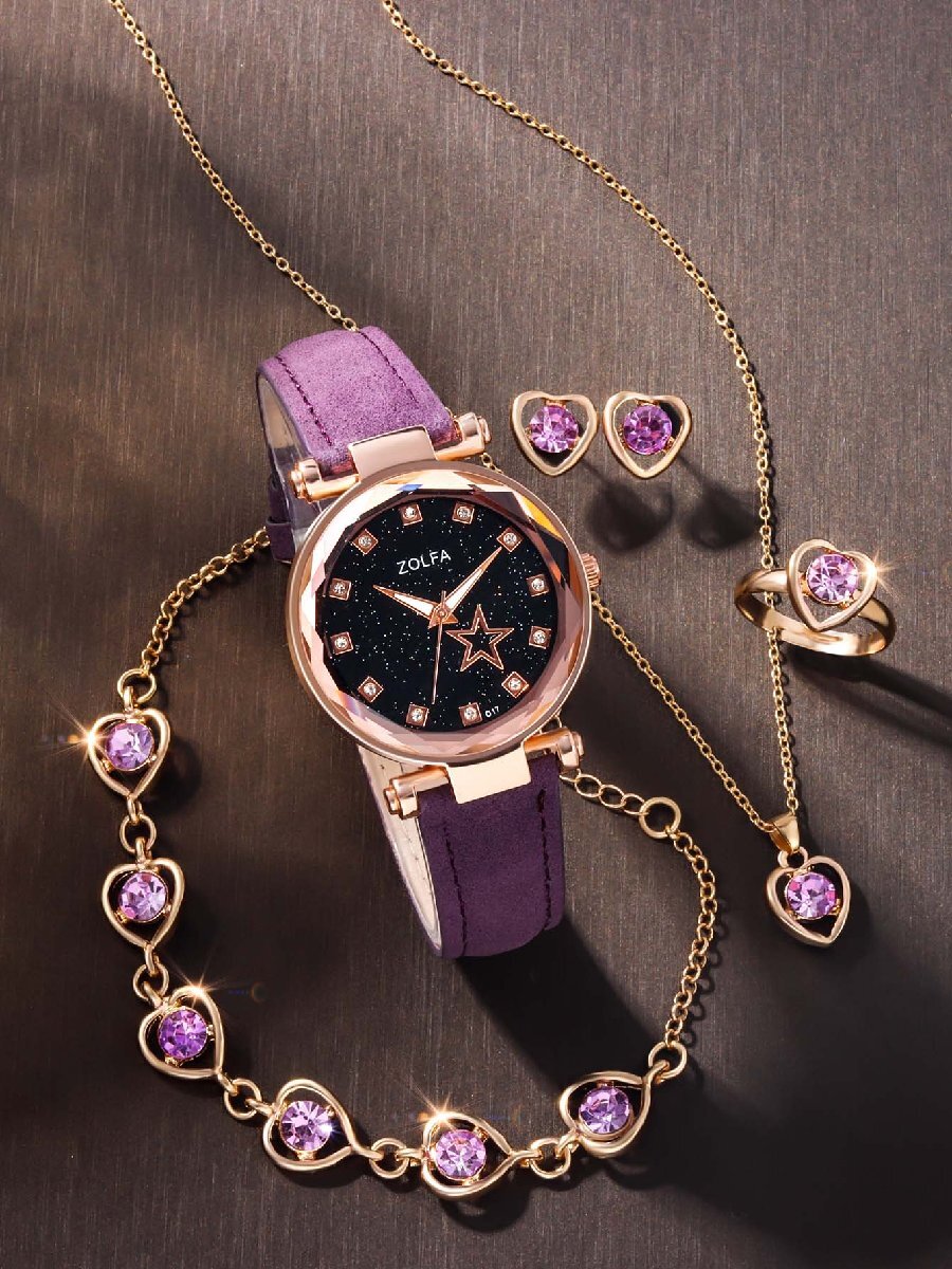 腕時計 レディース セット 1個 黒色ポリウレタンストラップグラマラスラインストーン装飾のラウンドダイヤルクォーツウォッチ＆5個の_画像5