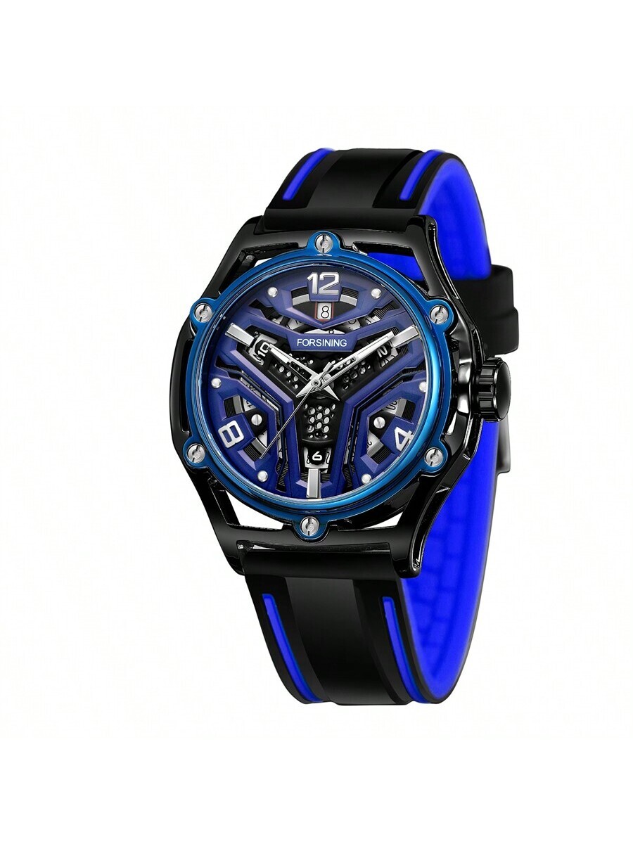 腕時計 メンズ 機械式 メンズスポーツトレンド シリコンストラップ ブルーとブラックの大型ダイヤル 自動機械式時計1本_画像4