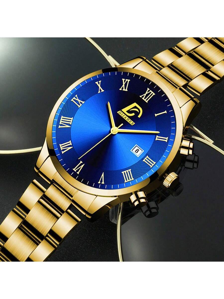 腕時計 メンズ セット 3個セットメンズ カレンダー付き 腕時計 ゴールドブレスレット クロスペンダントネックレス 腕時計_画像3