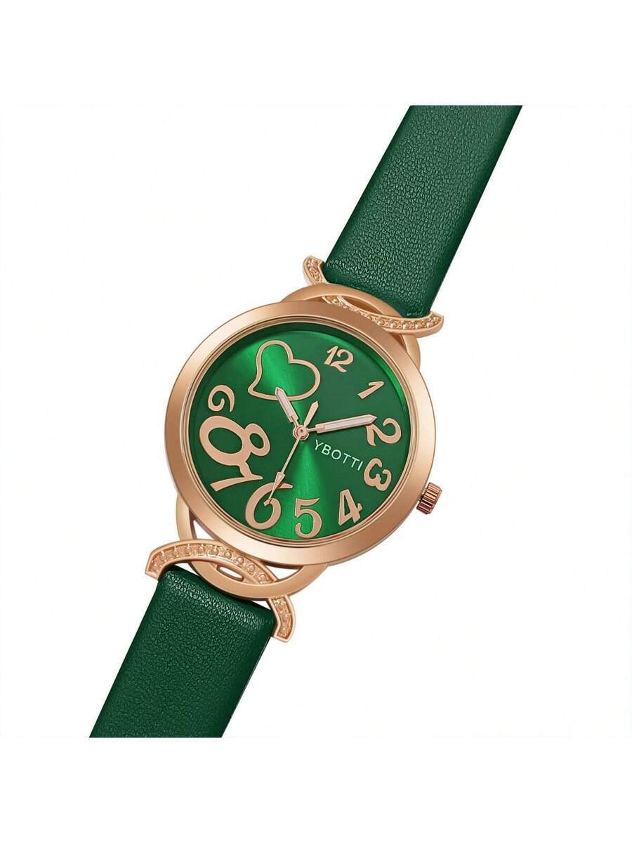 腕時計 レディース クォーツ 女性用ファッション グリーンサンレーダイアルレザーストラップクオーツ腕時計、ハート型数字とマーカー、_画像3
