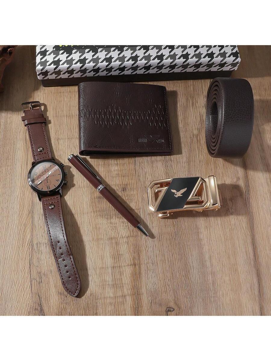 腕時計 メンズ セット メンズファッション クオーツ時計3サブダイアル+財布+ベルト+ペン+キーチェーン ギフトセット、5点_画像1
