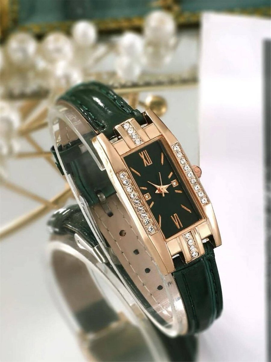 腕時計 レディース セット 女性用時計 グリーンポリウレタンストラップファッションラインストーン付き長方形ダイヤルクオーツ時計&ジ_画像4
