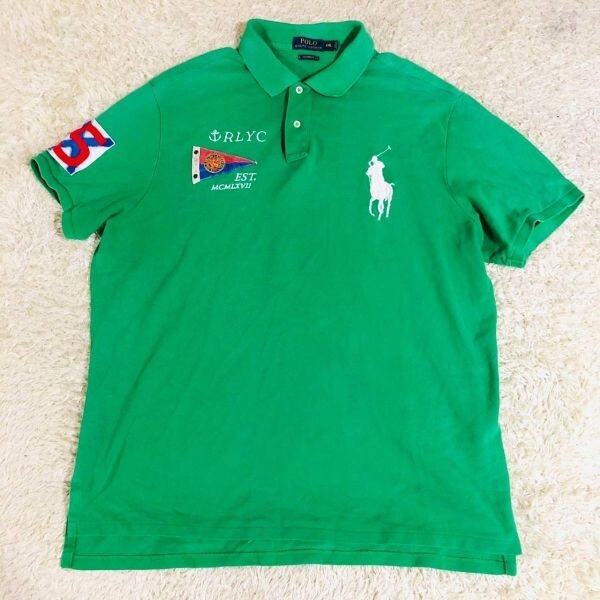 ポロラルフローレン　POLO RALPH LAUREN　ポロシャツ　半袖　グリーン　XXL　コットン　綿　カットソー　ビッグロゴ　ワッペン　メンズ_画像1