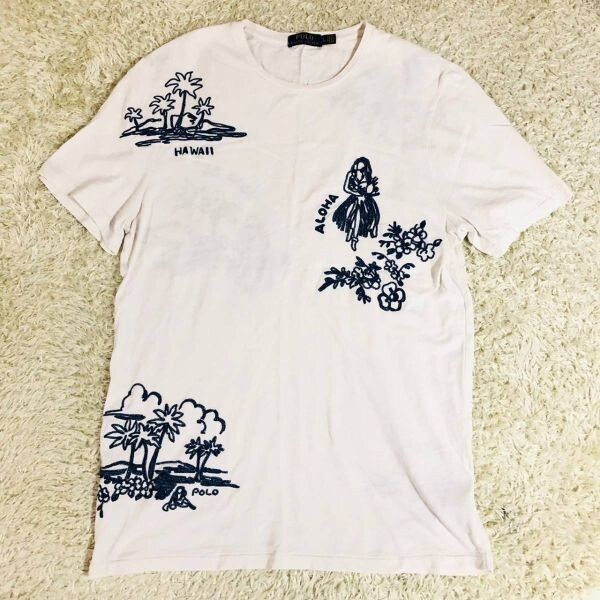 ポロラルフローレン　POLO RALPH LAUREN　Tシャツ　半袖　ホワイト　白　L　コットン　綿　カットソー　HAWAII ハワイアン　刺繍柄　メンズ_画像1