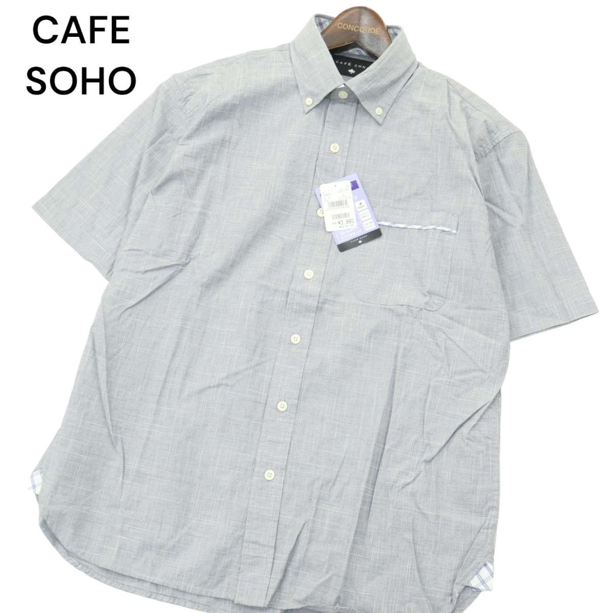 【新品 未使用】 CAFE SOHO カフェソーホー 春夏★ 半袖 ボタンダウン リラックス コットン シャツ Sz.L　メンズ グレー　A4T04776_4#A_画像1