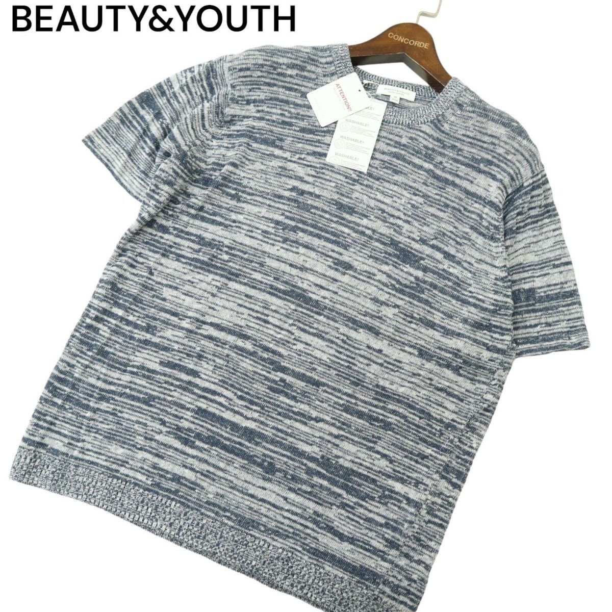 【新品 未使用】 BEAUTY&YOUTH ユナイテッドアローズ 麻100％ リネン 半袖 メランジ ニット Tシャツ Sz.M　メンズ ネイビー　A4T04751_4#J_画像1