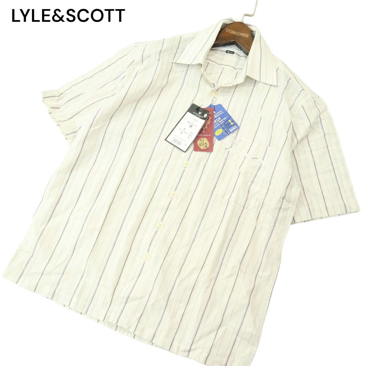 【新品 未使用】 LYLE&SCOTT BLACK LABEL ライル＆スコット 麻 リネン混 刺繍 半袖 ストライプ シャツ Sz.M　メンズ 日本製　A4T05026_5#A_画像1