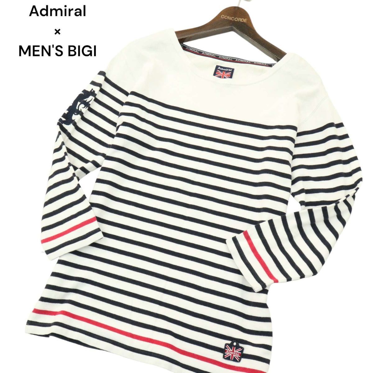 Admiral × Men's Bigi アドミラル メンズビギ ユニオンジャック★ ロゴ ボーダー 7分袖 カットソー Tシャツ Sz.3　メンズ　A4T04976_5#D_画像1