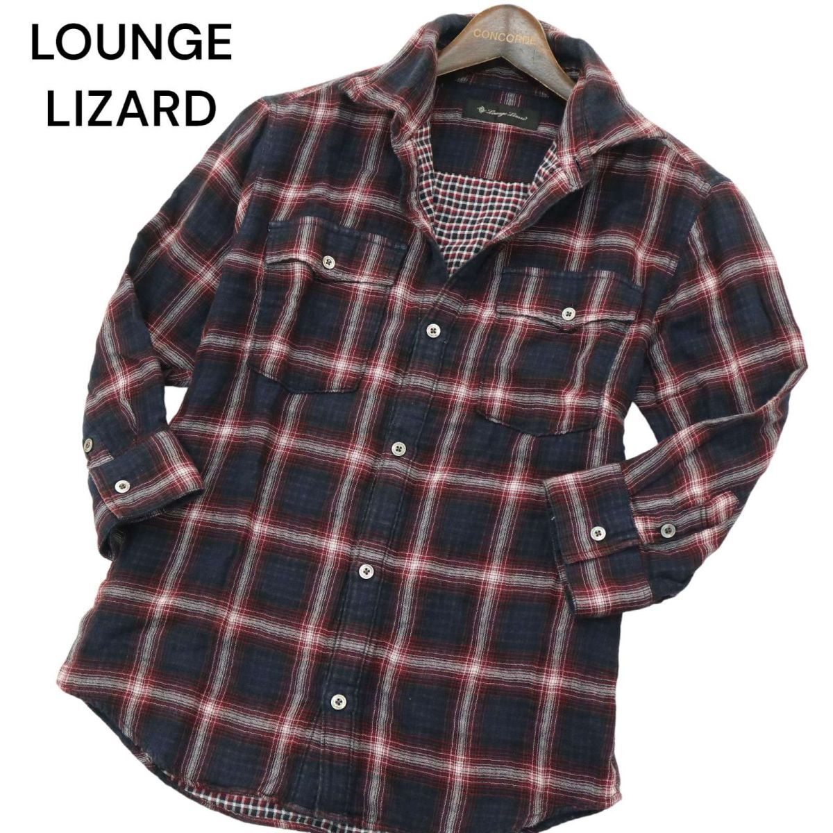 LOUNGE LIZARD ラウンジリザード 春夏 襟ワイヤー★ Wガーゼ 7分袖 ワーク チェック シャツ Sz.2　メンズ 日本製　A4T04970_5#A_画像1