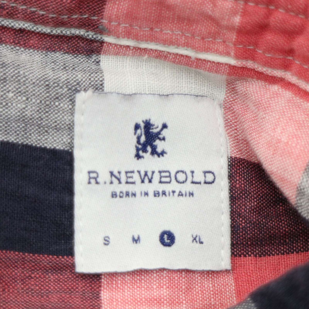 R.NEWBOLD ポールスミス 春夏 ロゴ刺繍★ 【麻 リネン100％】 長袖 ボタンダウン ブロック チェック シャツ Sz.L　メンズ　A4T04968_5#A_画像6