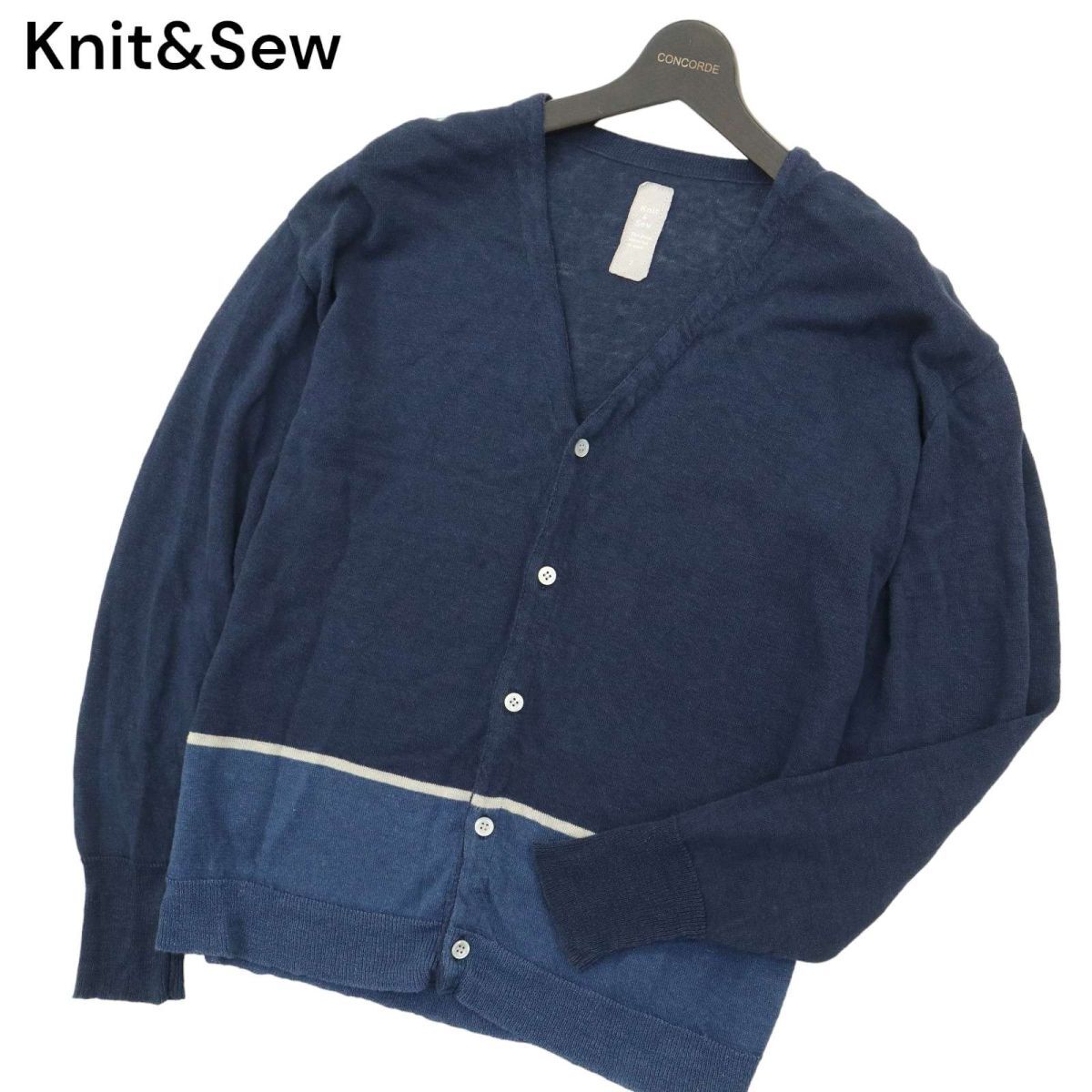 Knit&Sew ニットソー 春夏 ヘンプ100％★ バイカラー 切替 サマー ニット カーディガン Sz.2　メンズ ネイビー 日本製　A4T04981_5#J_画像1