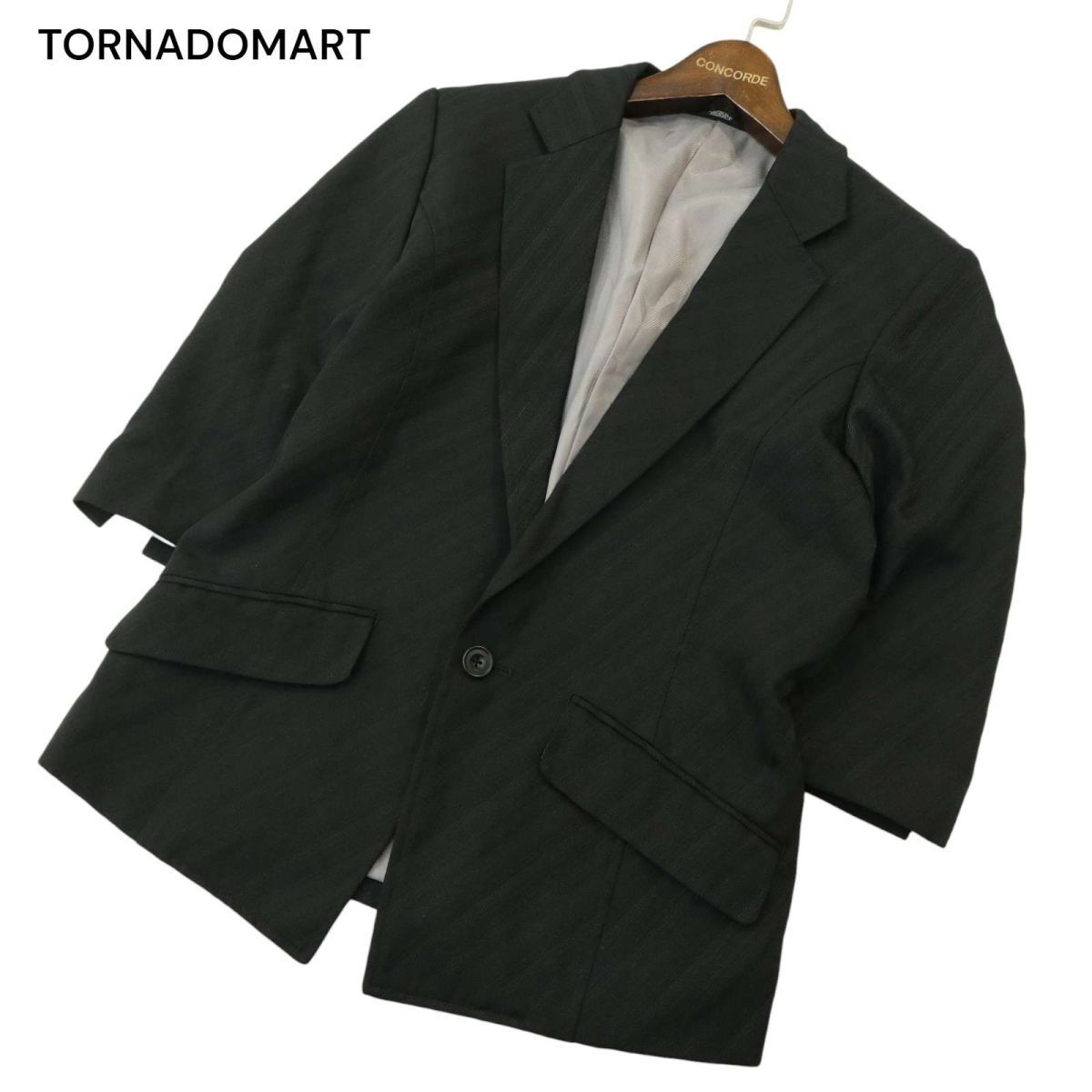 TORNADOMART トルネードマート 春夏 総裏 ストライプ★ 7分袖 1B アンコン テーラード ジャケット Sz.M　メンズ 黒 日本製　A4T05056_5#M_画像1