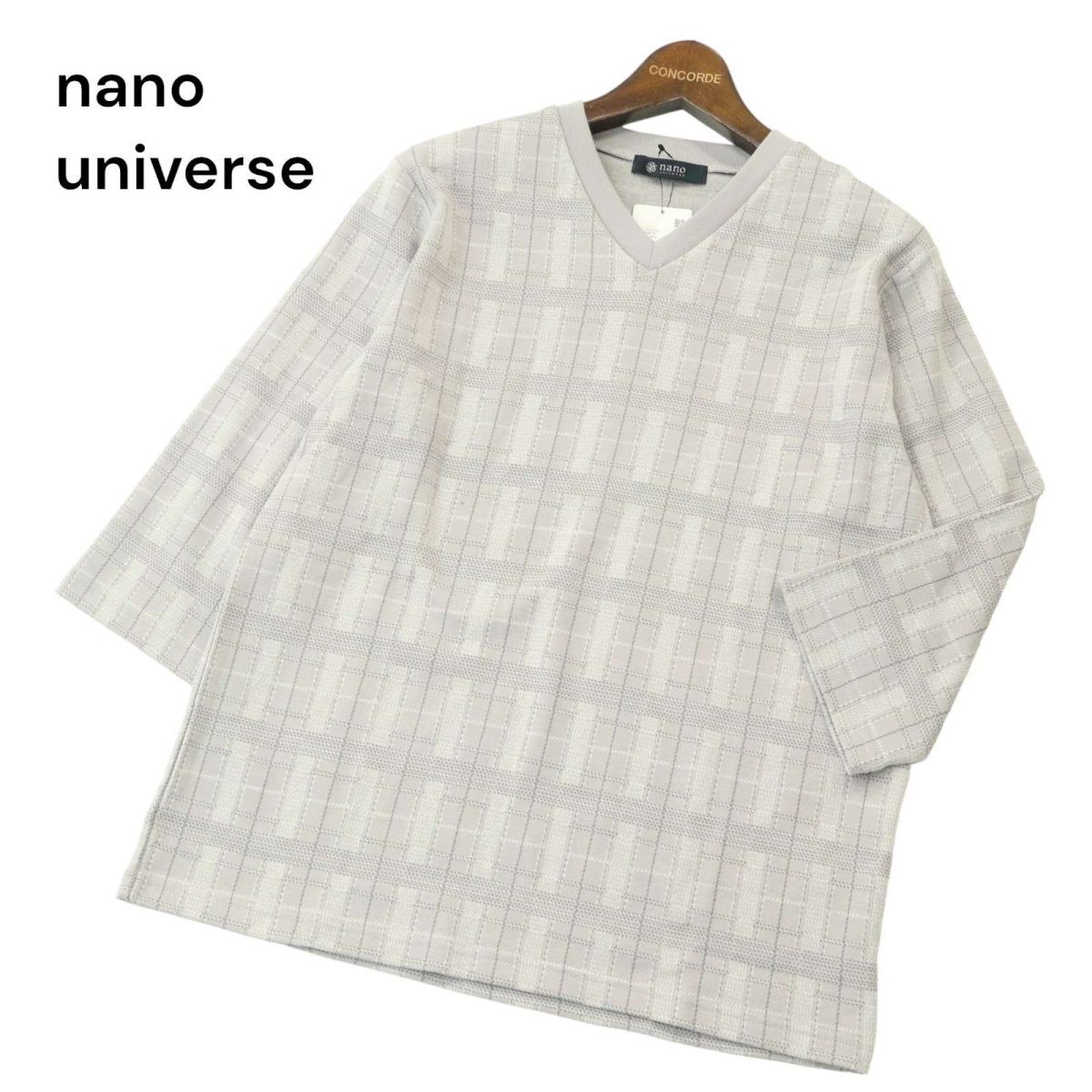 【新品 未使用】 nano universe ナノユニバース 春夏 ジャガード チェック Vネック 7分袖 カットソー Tシャツ Sz.S　メンズ　A4T05287_5#D_画像1
