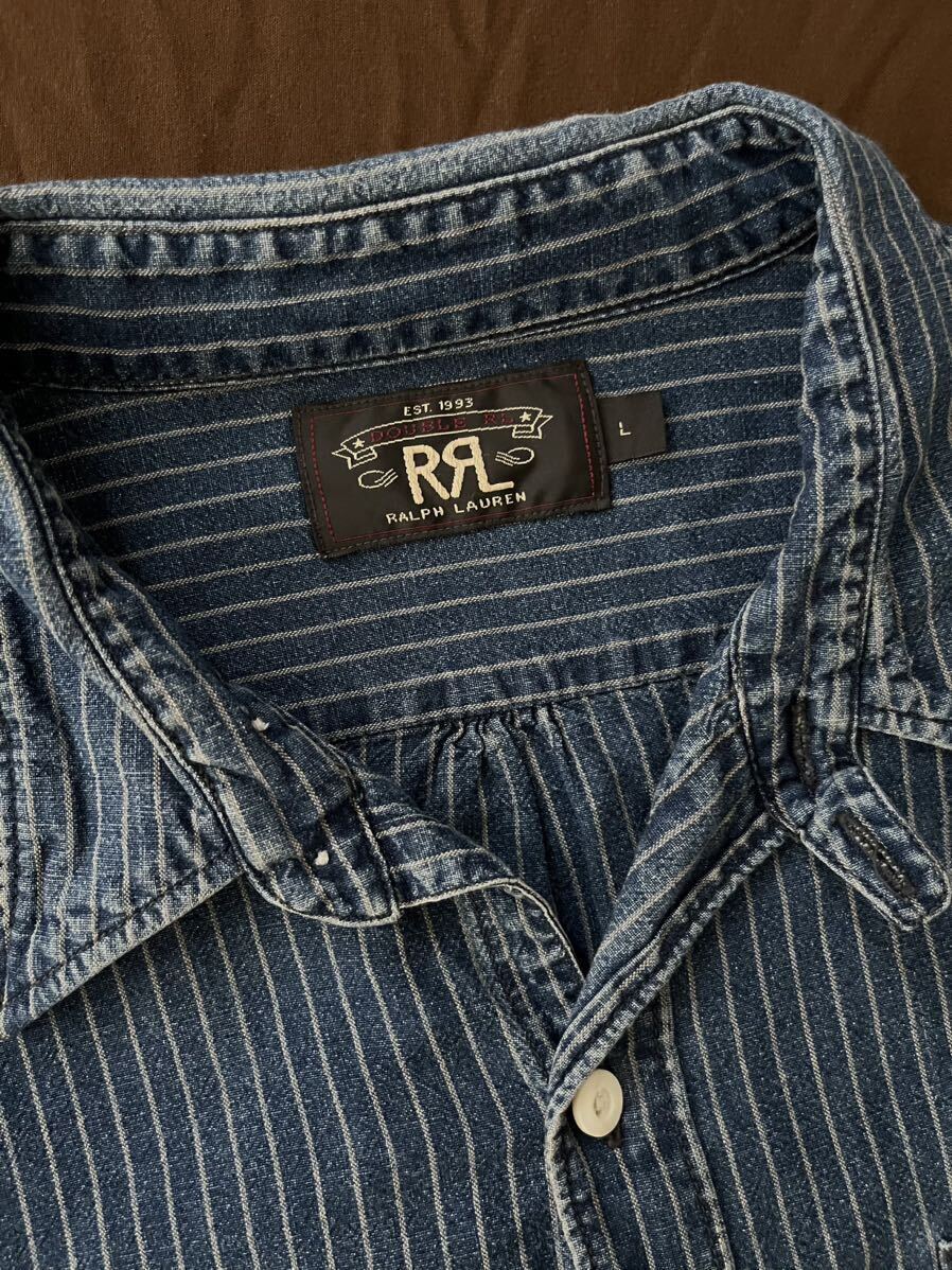 【名作】美品 RRL INDIGO STRIPE WORK SHIRT ダブルアールエル インディゴ本愛染め 生成り ストライプ ワーク シャツ ラルフローレン L_画像3