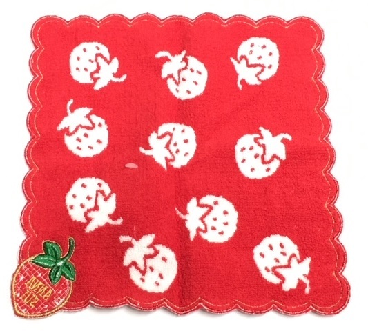 【ANNA SUI】(NO.3224)アナスイ タオルハンカチ　いちごのアップリケ　イチゴ　白×赤　未使用　25cm_画像4