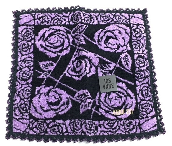 [ANNA SUI](NO.3213) Anna Sui towel handkerchie rose pattern black × purple unused 25cm