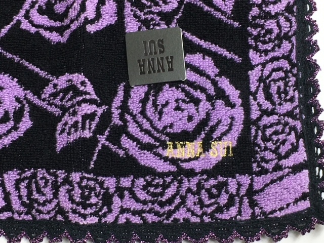 [ANNA SUI](NO.3213) Anna Sui towel handkerchie rose pattern black × purple unused 25cm