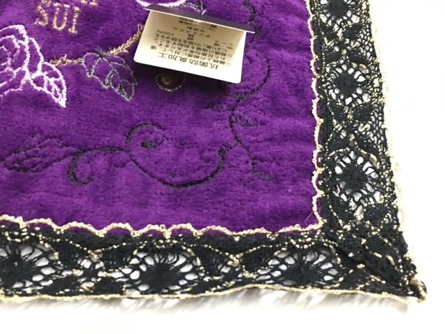 【ANNA SUI】(NO.3257)アナスイ タオルハンカチ　パープル　濃いめの紫　薔薇刺繍　縁はレース　未使用　29.5cm_画像5