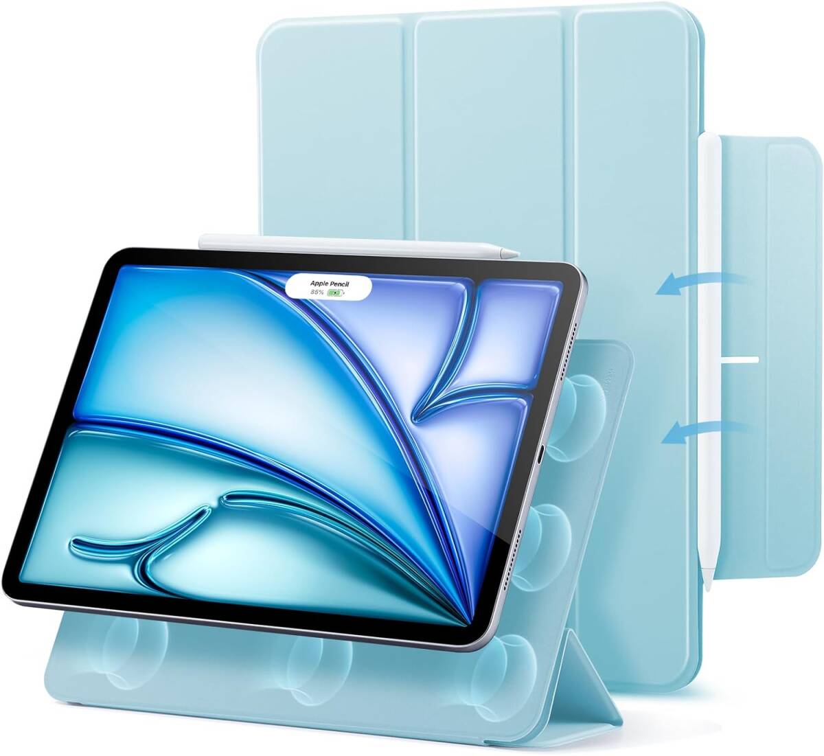 ライトブルー iPad Air 11 インチ (M2) (2024) 第6世代 Pencil Pro / USB-C対応 取り外し可能マグネット 三つ折りスタンド ケース カバー