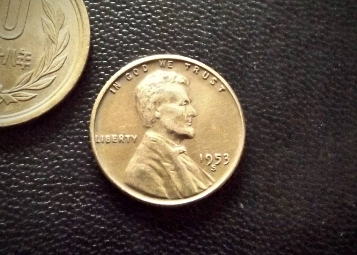 麦ペニー　アメリカ合衆国　1セントコイン　1953年　S刻印　　送料無料（9055）リンカーン　USA 貨幣　お金 貨幣　硬貨　ドル　_画像1