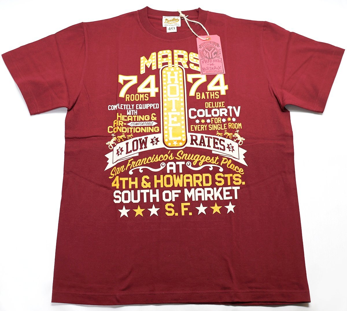 BO'S GLAD RAGS (ボーズグラッドラグス) クルーネックTシャツ “MARS HOTEL '74” 未使用品 ボルドー size L / バーンストーマーズ_画像1