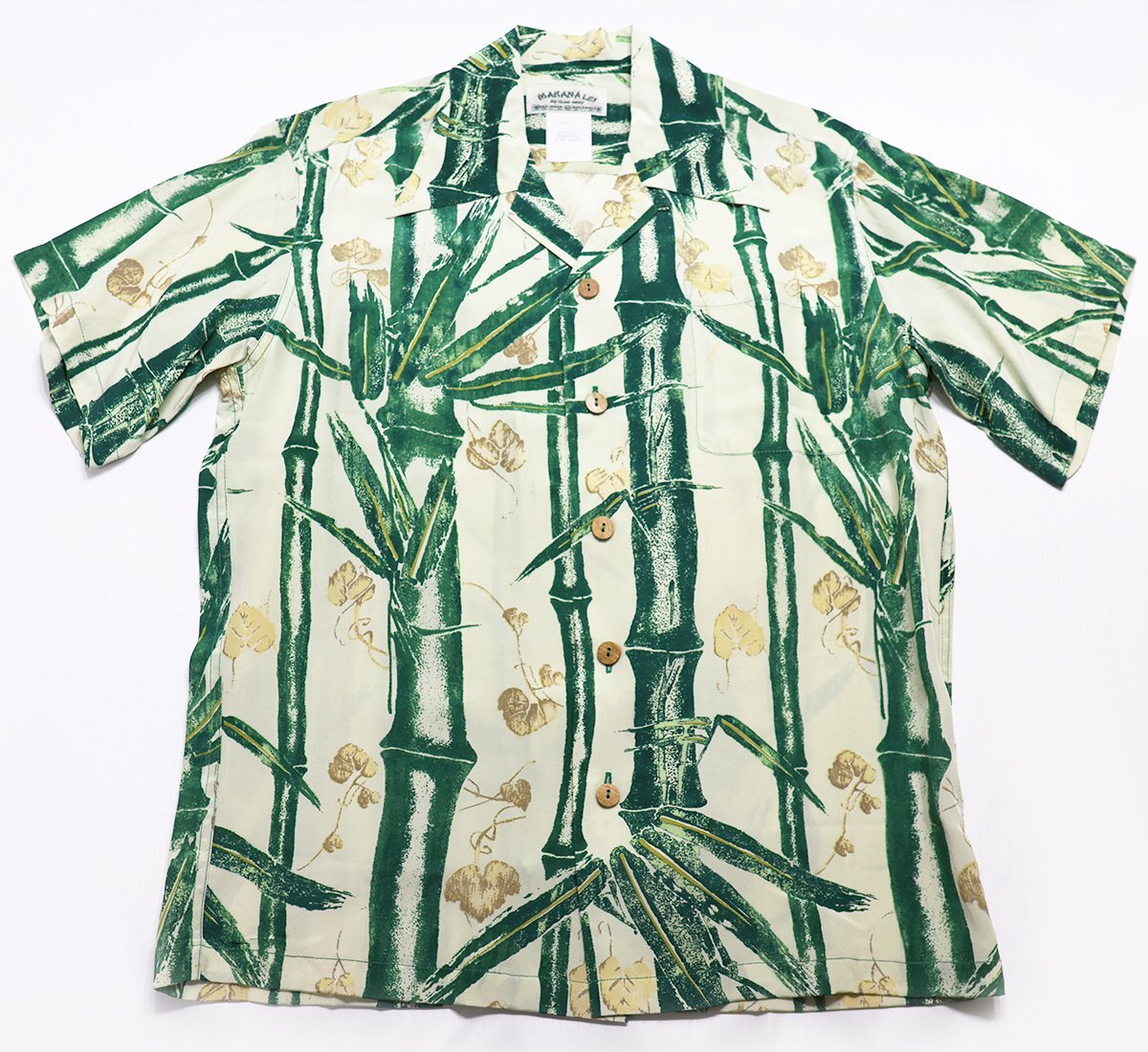 MAKANA LEI (マカナレイ) ALOHA SHIRT - BAMBOO - / シルクアロハシャツ バンブー AMT014 美品 グリーン size S / 竹柄_画像1