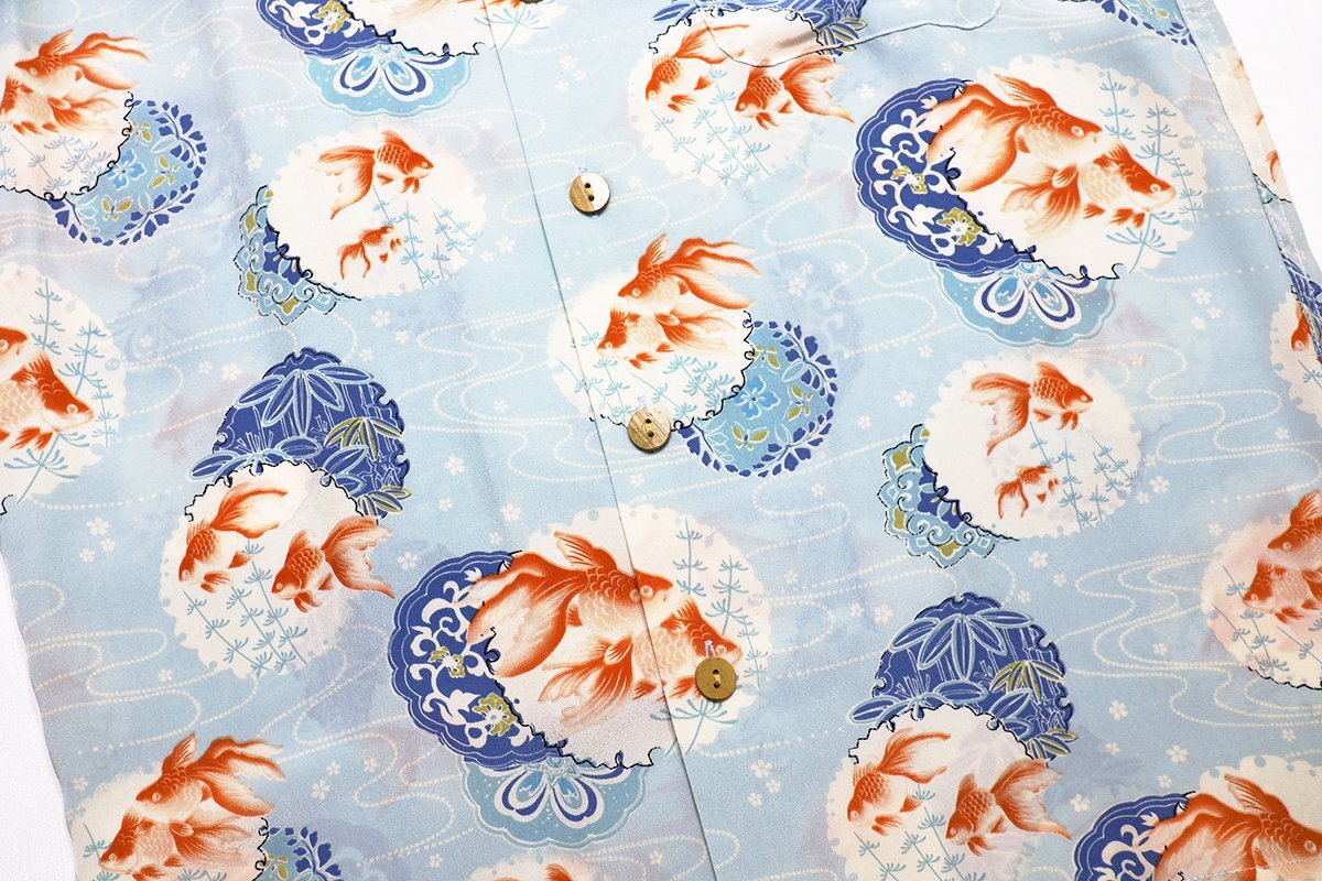 LALAKAI (ララカイ) ALOHA SHIRT - Gold Fish - / 金魚 シルク アロハシャツ 極美品 サックス size S / マカナレイ_画像5