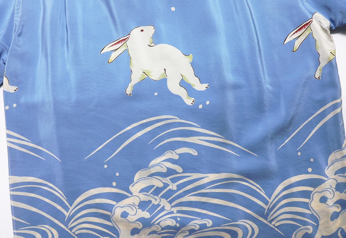 MAKANA LEI (マカナレイ) ALOHA SHIRT - USAGI - / シルクアロハシャツ 兎 美品 ブルー size S / ウサギの画像5