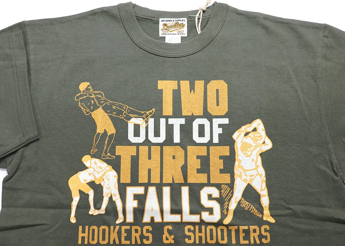 BO'S GLAD RAGS (ボーズグラッドラグス) クルーネックTシャツ “TWO OUT OF THREE FALLS” 未使用品 オリーブ size XL/バーンストーマーズ_画像3