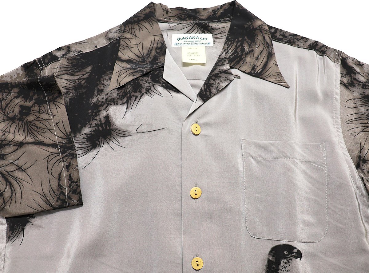 MAKANA LEI (ma Canare i) ALOHA SHIRT - HAWK - / шелк гавайская рубашка ястреб AMT030 прекрасный товар уголь size S / Hawk 
