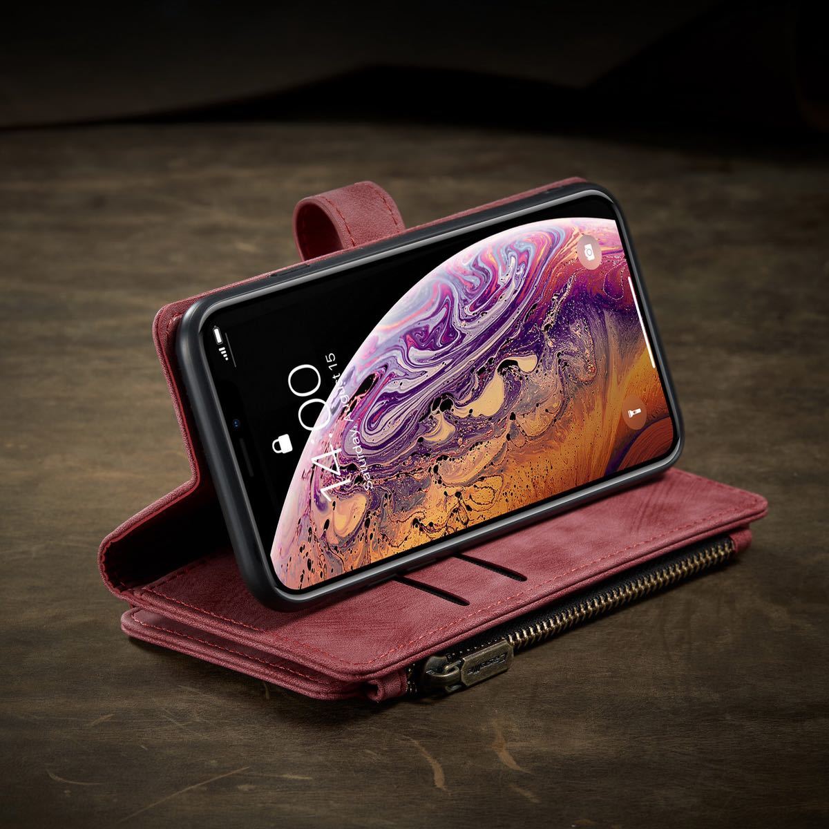 iphone XS レザーケース アイフォン x ケース iphone x/xs カバー　お財布付き　手帳型 カード収納 ストラップ付き　ピンク
