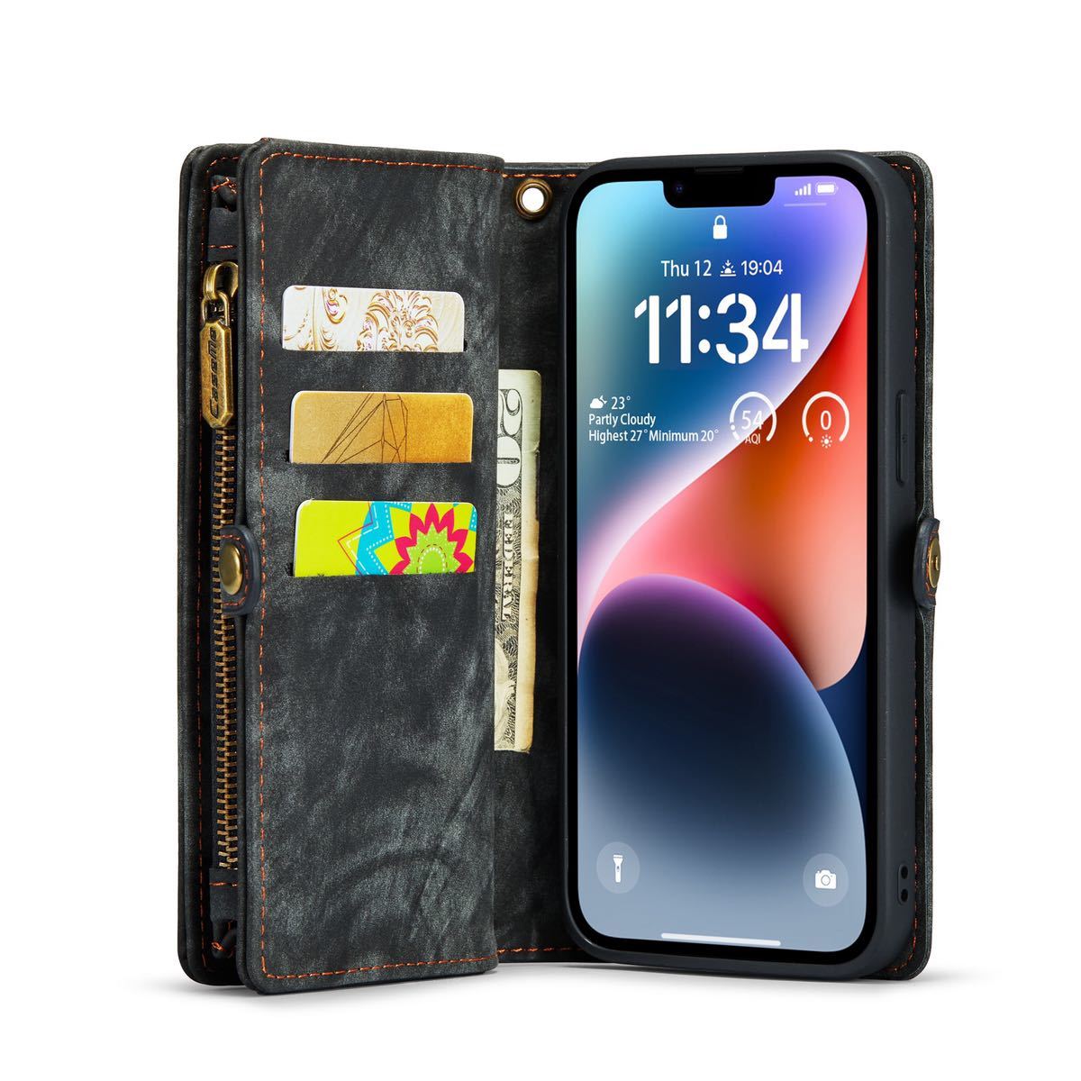 iPhone 14 pro max レザーケース アイフォン14 プロ マックス ケース 6.7インチ カバー 手帳型 お財布付き カード収納 C2 ブラック