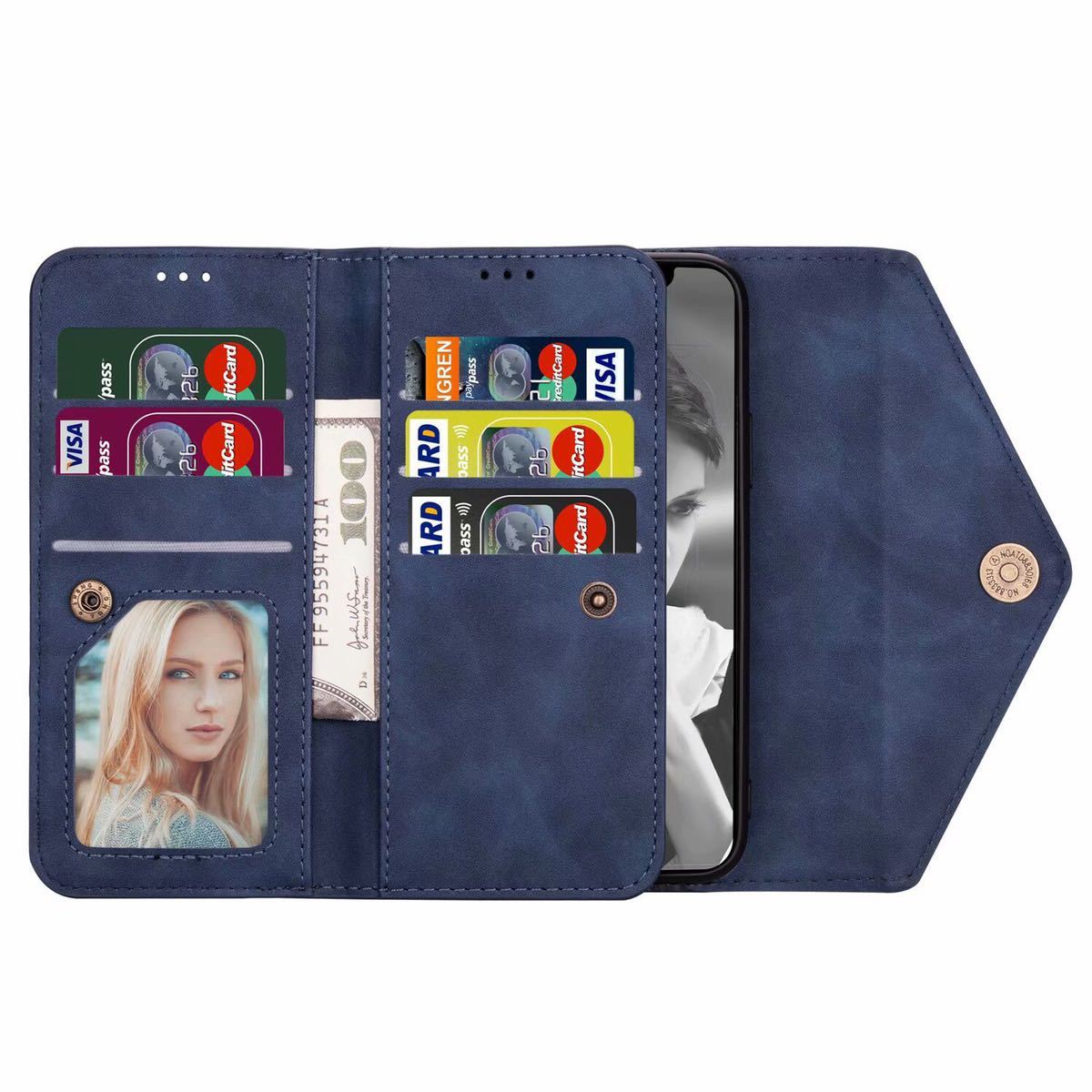 iPhone 12 mini レザーケース iPhone12 mini ショルダーケース アイフォン12 ミニ　カバー 手帳型 カード収納 ストラップ付き ブルー