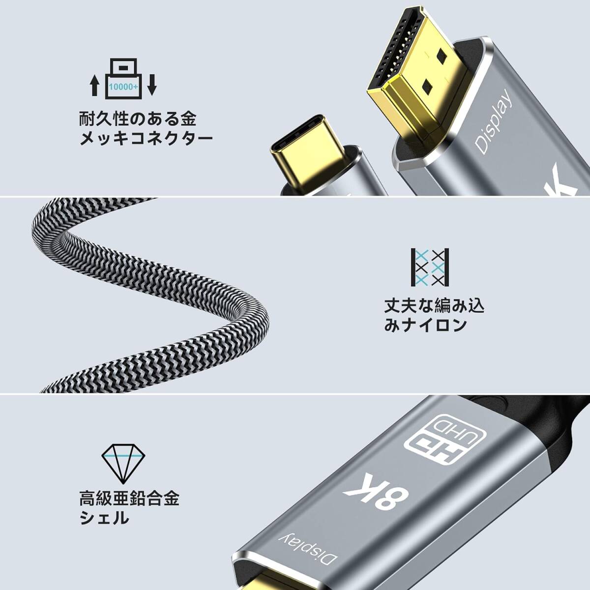 USB Type-C to HDMI 変換ケーブル3M 8K@60Hz USB C HDMI 変換 hdmi type-c 8K 映像出力 48Gbps転送 Thunderbolt 3/4_画像4