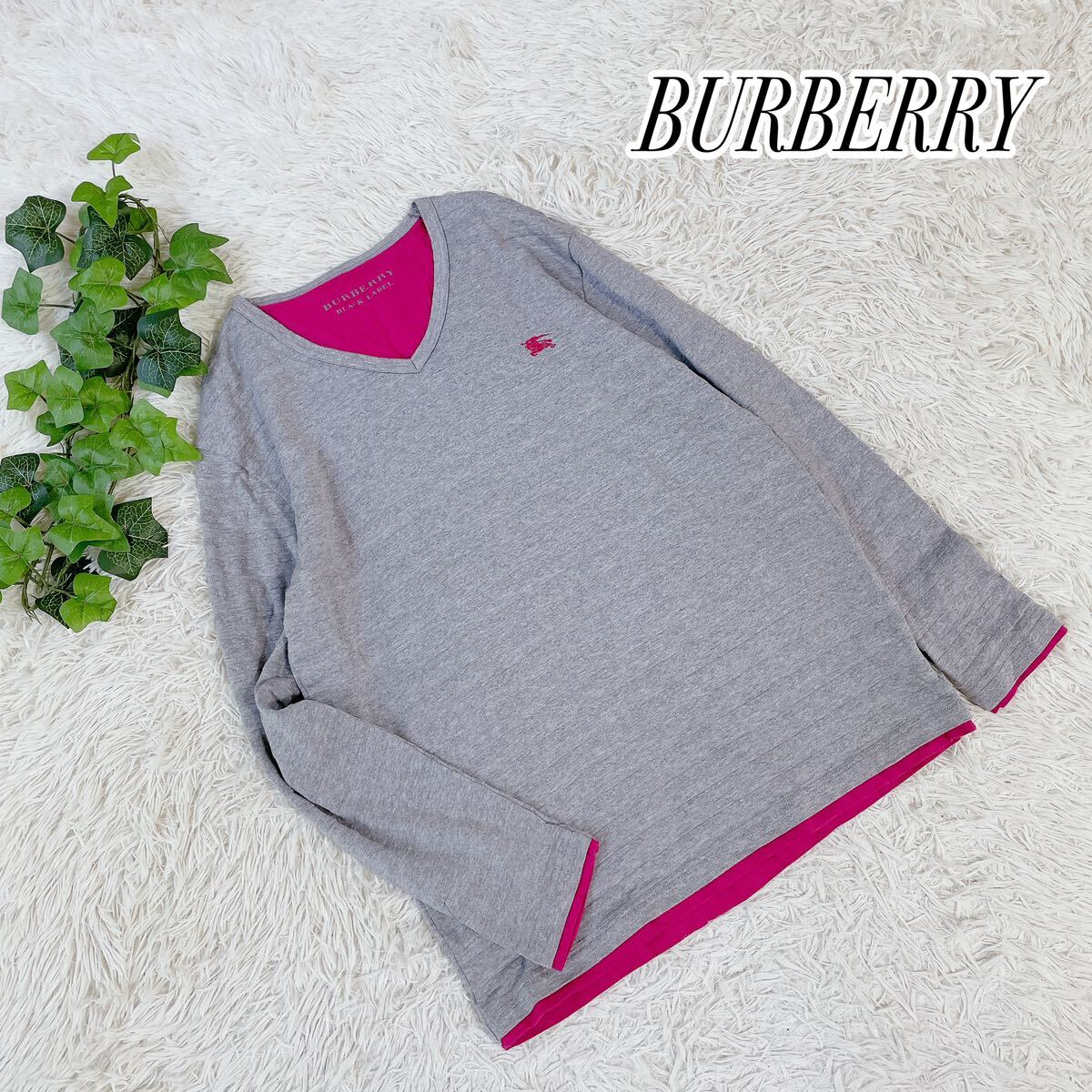 1円スタート　【美品】BURBERRY バーバリーブラックレーベル　長袖 ロンT Tシャツ　重ね着風　グレー　L ホース刺繍_画像1