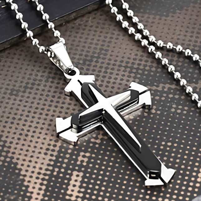  новый товар * бесплатная доставка * три слой black metallic ru чёрный сталь Cross 10 знак . платина отделка 925 серебряный колье день рождения подарок путешествие ряд выходных дней лето море подарок доставка внутри страны 