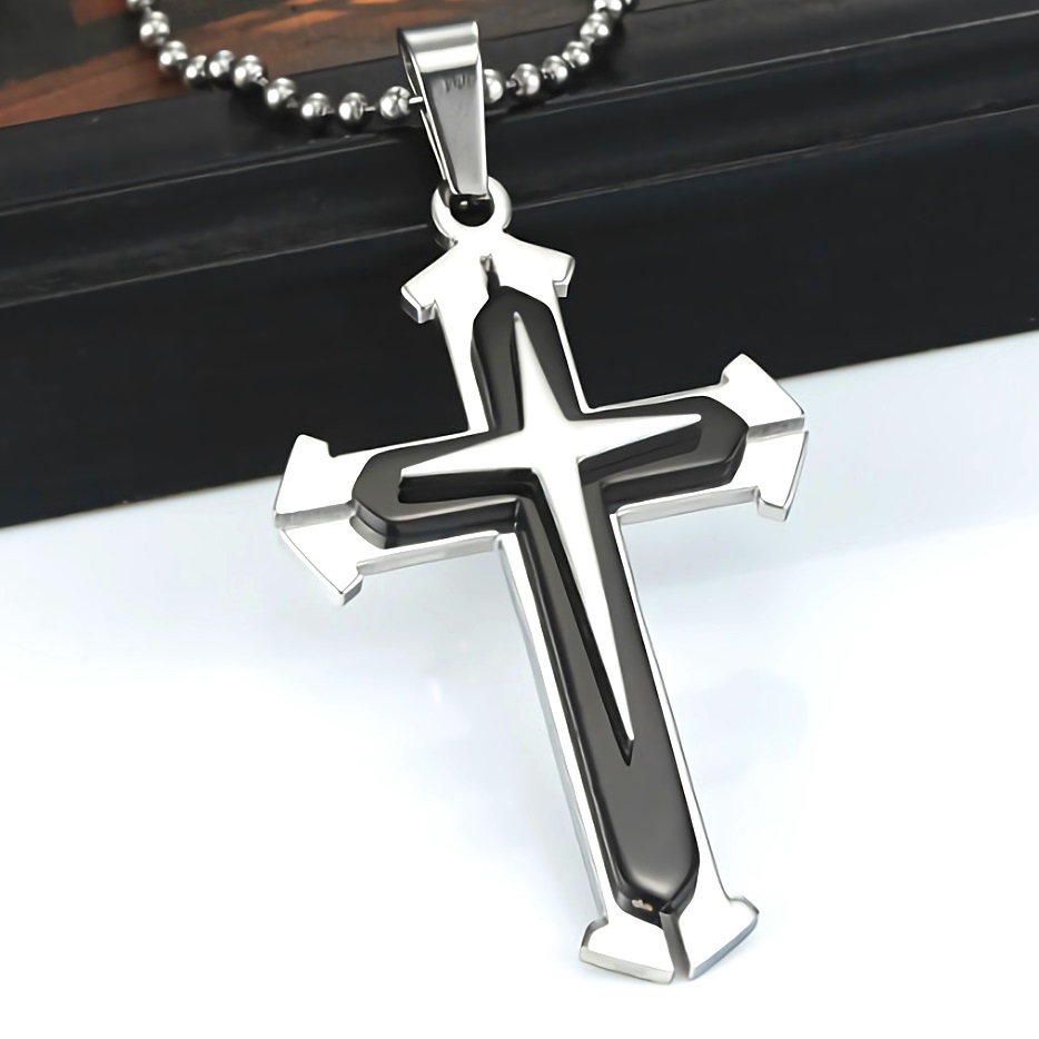  новый товар * бесплатная доставка * три слой black metallic ru чёрный сталь Cross 10 знак . платина отделка 925 серебряный колье день рождения подарок путешествие ряд выходных дней лето море подарок доставка внутри страны 