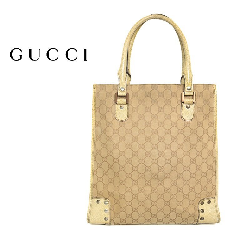 【1円】グッチ GUCCI GGキャンバス トートバッグスタッズ ショルダーバッグ 縦長 124261 204990 レザー クリーム系の画像1