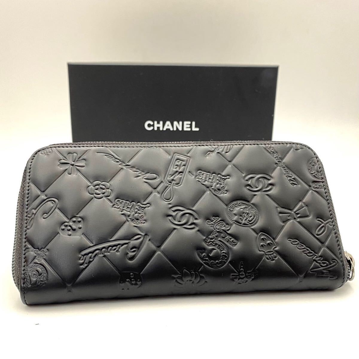 美品 CHANEL ラウンドファスナー アイコン ロゴ マトラッセ ラムスキン キャビアスキン 長財布 ブラック V ステッチ シャネル 定番 人気の画像3