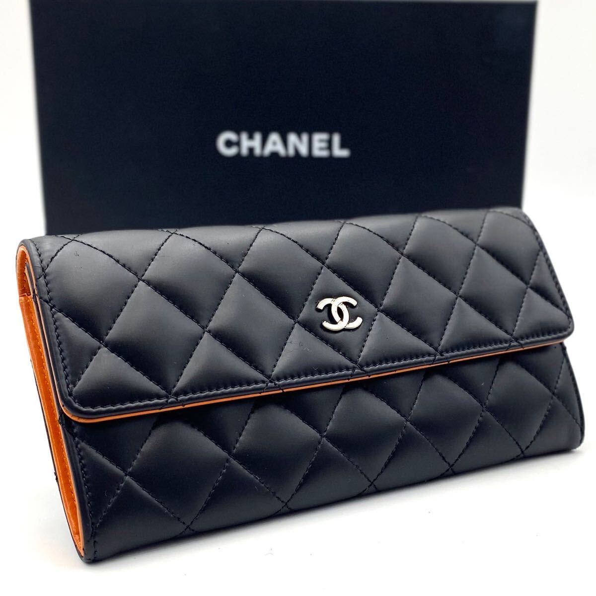 極美品 CHANEL マトラッセ ラムスキン キャビアスキン フラップ エナメル ブリリアント アイコン ロゴ 長財布 ブラック V シャネル _画像1