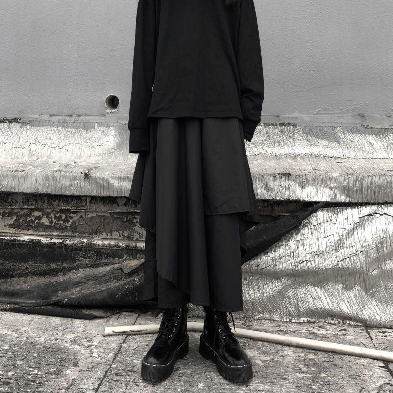 レイヤード 袴パンツ アシンメトリー ワイドパンツ モード スカート風 黒 ヴィジュアル系 バンド V系 ユニセックス メンズ レディース 1