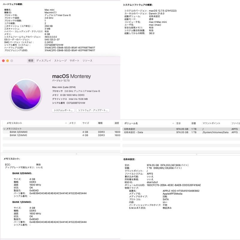 Apple Mac mini Late 2014 MGEN2J/A Monterey/Core i5 2.6GHz/8GB/HDD1TB/A1347 240507SK150898_画像7
