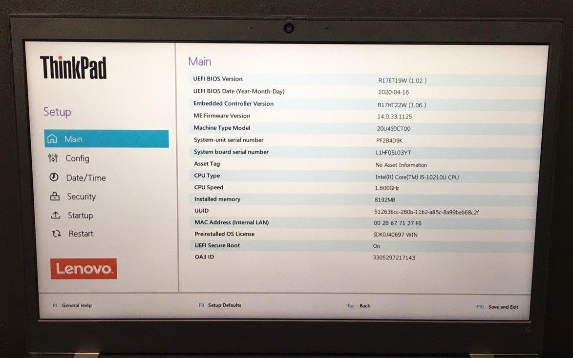 1円～ ■ジャンク LENOVO ThinkPad L15 Gen1 / Core i5 10210U 1.60GHz / メモリ 8GB / NVMe SSD 256GB / 15.6型 / OS有り / BIOS起動可の画像2