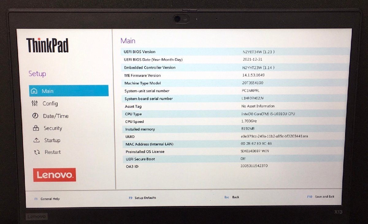 1円～ ■ジャンク LENOVO ThinkPad X13 Gen1 / Core i5 10310U 1.70GHz / メモリ 8GB / NVMe SSD 256GB / 13.3型 / OS有り / BIOS起動可_画像2