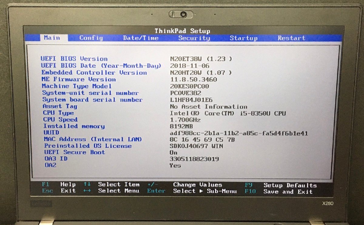 1円～ ■ジャンク LENOVO ThinkPad X280 / 第8世代 / Core i5 8350U 1.70GHz / メモリ 8GB / NVMe SSD 256GB / 12.5型 / OS有 / BIOS起動可の画像2