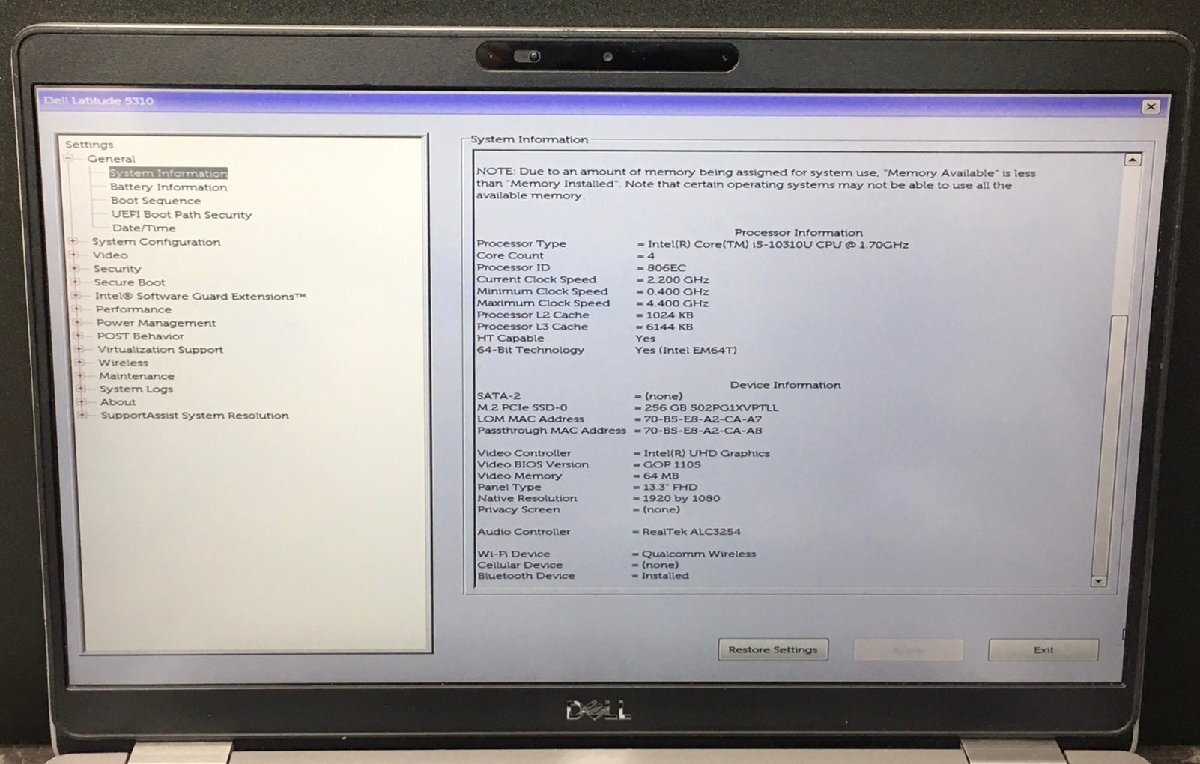 1 jpy ~ # Junk DELL LATITUDE 5310 / no. 10 generation / Core i5 10310U 1.70GHz / memory 16GB / SSD 256GB / 13.3 type / OS equipped / BIOS start-up possible 