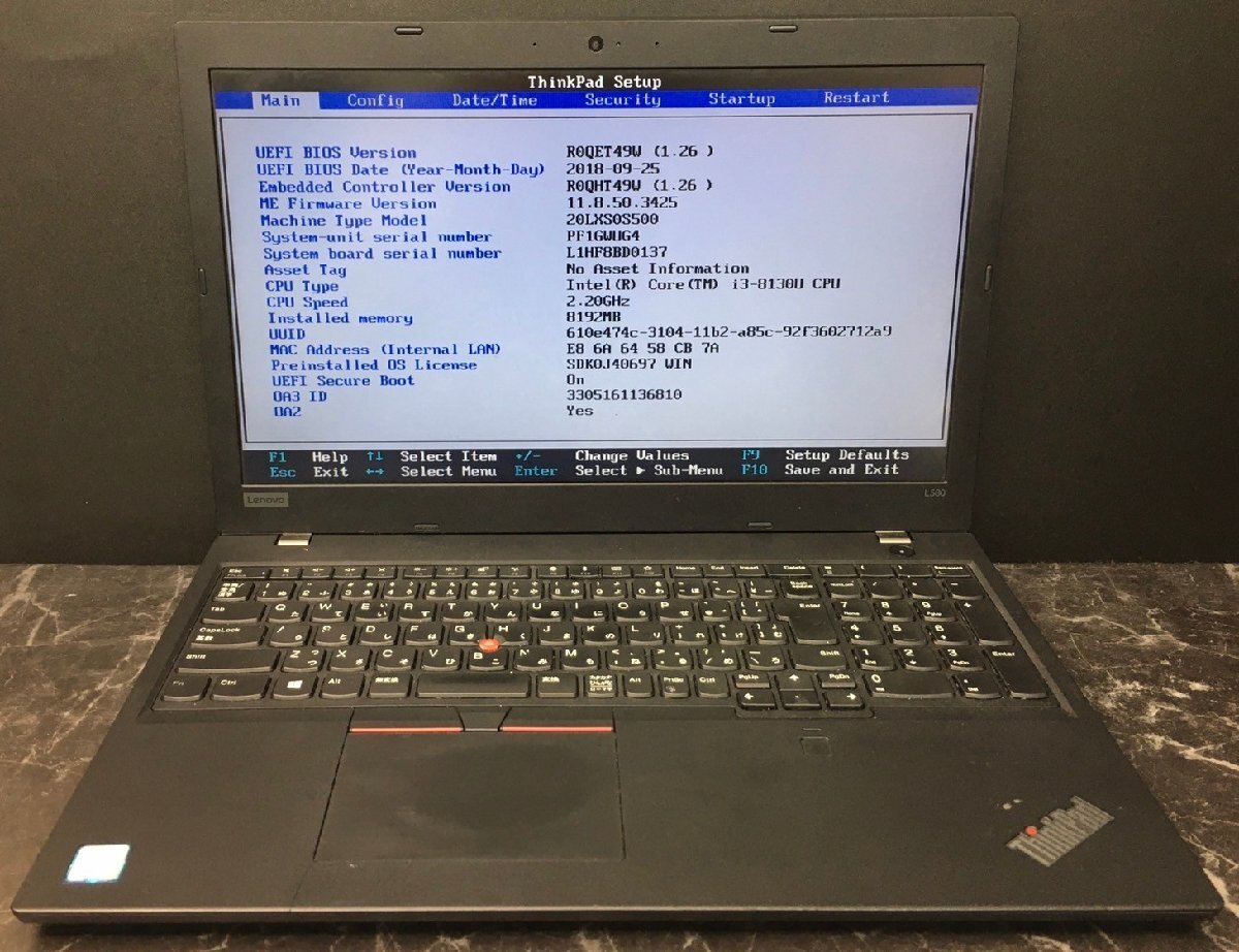 1円～ ■ジャンク LENOVO ThinkPad L580 / 第8世代 / Core i3 8130U 2.20GHz / メモリ 8GB / HDD 500GB / 15.6型 / OS無し / BIOS起動可_画像1
