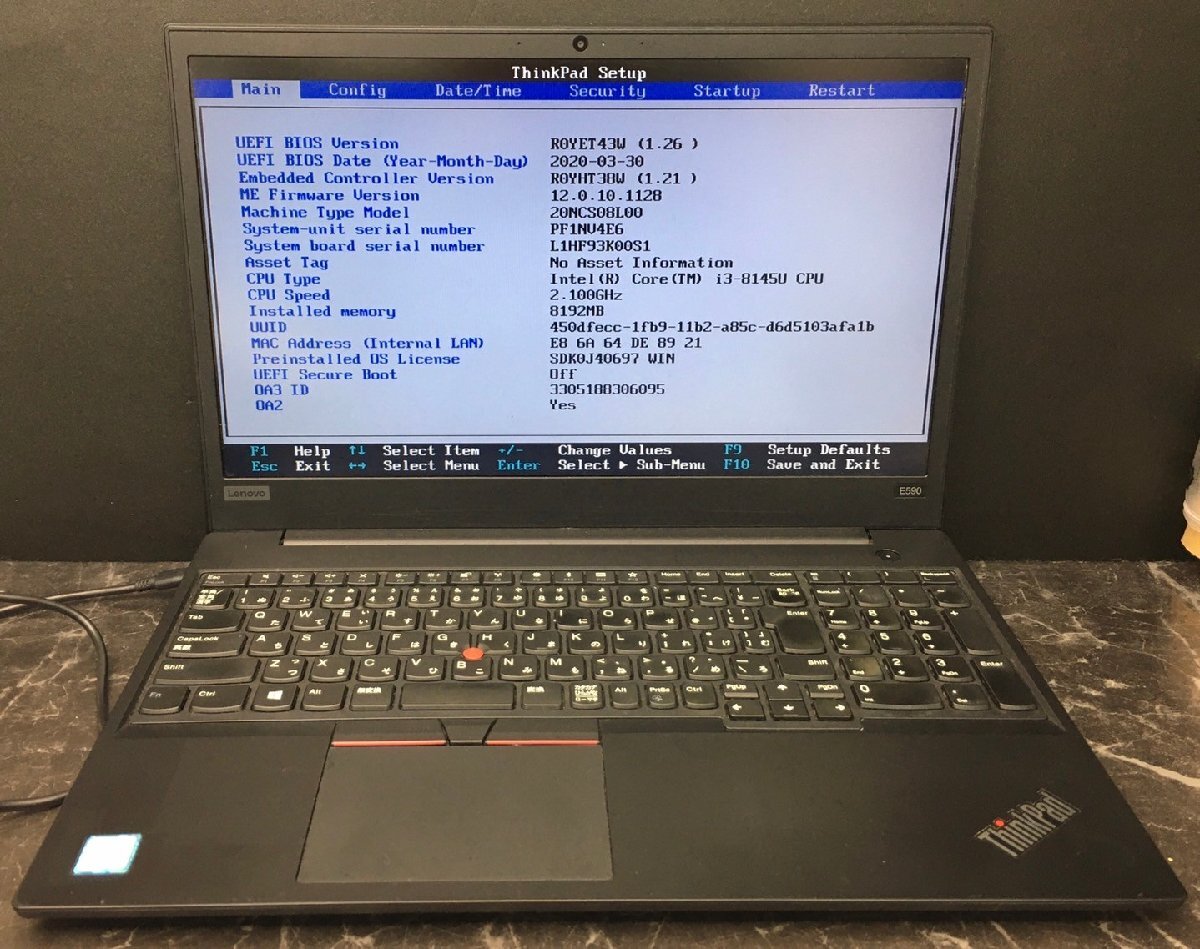 1円～ ■ジャンク LENOVO ThinkPad E590 / Core i3 8145U 2.10GHz / メモリ 8GB / SSD 256GB / 15.6型 / OS無し / BIOS起動可の画像1